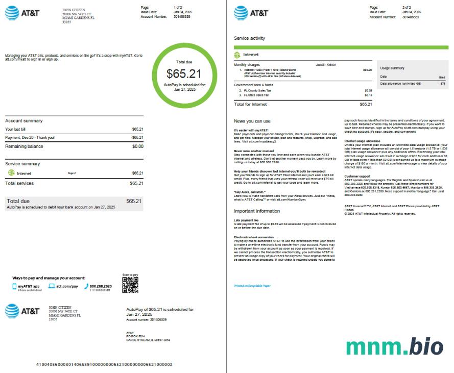 Szablon rachunku za media USA AT&T w formatach Word i PDF, 2 strony, Wersja 2